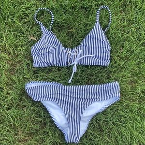 Navy blue and white stripe bikini set